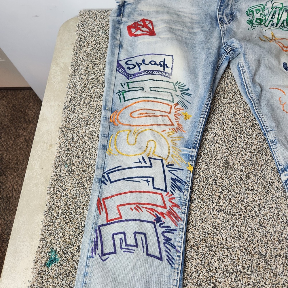 Switch Remarkable Jeans Mens *38x30‎ Slim Taper Fit Graffiti Streetwear Y2k - Picture 3 of 12